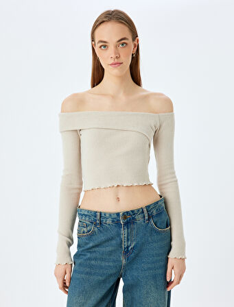 Omzu Açık Madonna Yaka Slim Fit Crop Uzun Kollu Tişört