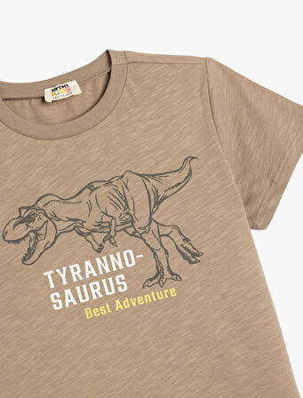 Dinozor Baskılı Bisiklet Yaka Kısa Kollu Pamuklu Tişört