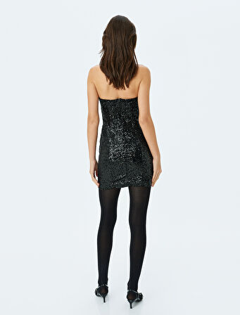 Straplez Payetli Bodycon Kolsuz Mini Abiye Elbise