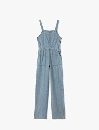 Kare Yaka Cepli Dikiş Detaylı Kolsuz Denim Tulum