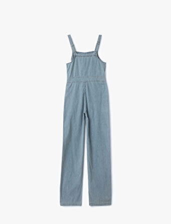 Kare Yaka Cepli Dikiş Detaylı Kolsuz Denim Tulum
