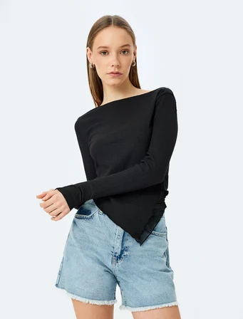Kayık Yaka Asimetrik Slim Fit Uzun Kollu Bluz Bürümcük