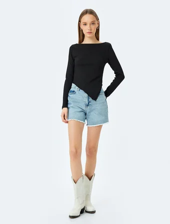 Kayık Yaka Asimetrik Slim Fit Uzun Kollu Bluz Bürümcük