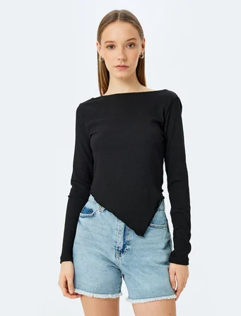 Kayık Yaka Asimetrik Slim Fit Uzun Kollu Bluz Bürümcük