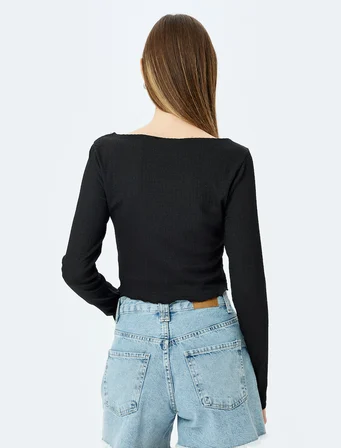 Kayık Yaka Asimetrik Slim Fit Uzun Kollu Bluz Bürümcük