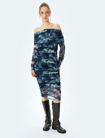 Madonna Yaka Omzu Açık Drapeli Uzun Kollu Tül Elbise