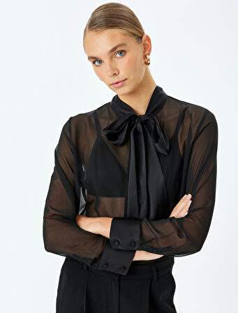 Uzun Kollu Fular Yaka Transparan Şifon Bluz