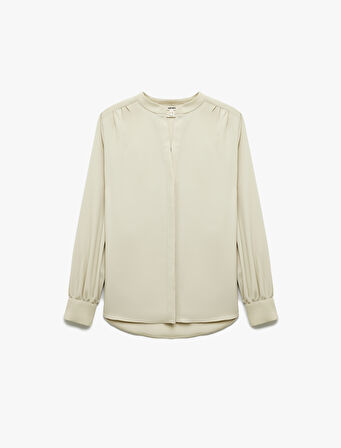 Düğmeli Hakim Yaka Uzun Kollu Saten Gömlek