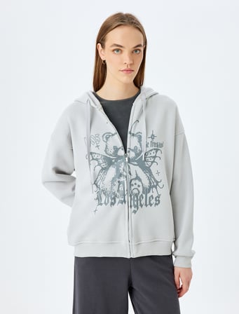 Uzun Kollu Fermuarlı Kapüşonlu Baskılı Rahat Kalıp Sweatshirt