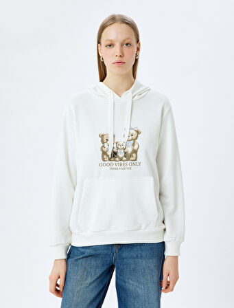 Kapüşonlu Kanguru Cepli Slogan Baskılı Uzun Kollu Sweatshirt