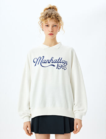 Slogan Nakışlı Polo Yaka Uzun Kollu Sweatshirt