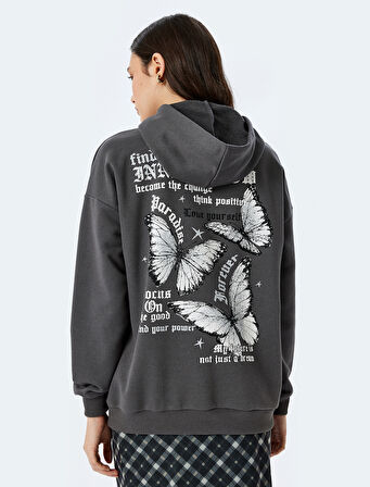 Kapüşonlu Arkası Baskılı Oversize Sweatshirt