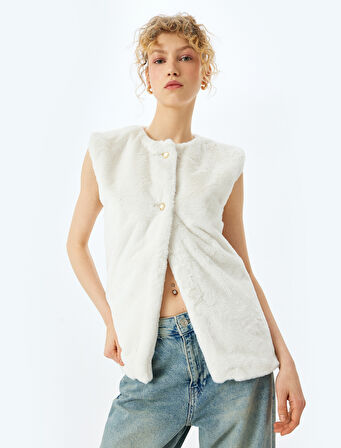 Suni Kürk Bisiklet Yaka Düğmeli Kolsuz Yelek