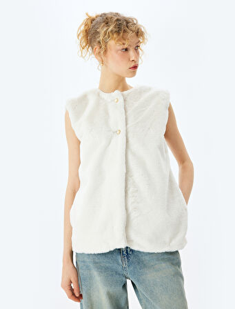 Suni Kürk Bisiklet Yaka Düğmeli Kolsuz Yelek