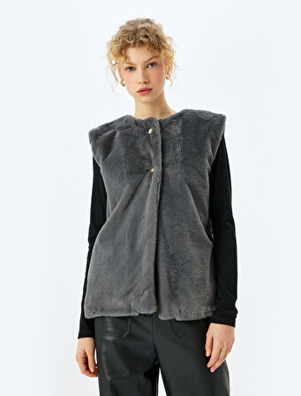 Suni Kürk Bisiklet Yaka Düğmeli Kolsuz Yelek