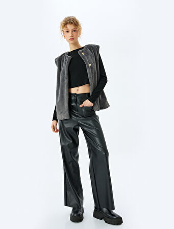 Suni Kürk Bisiklet Yaka Düğmeli Kolsuz Yelek