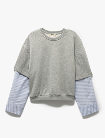 Çift Katman Detaylı Manşetli Uzun Kollu Bisiklet Yaka Çizgili Sweatshirt