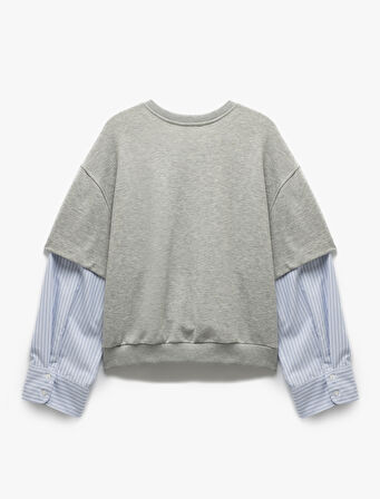 Çift Katman Detaylı Manşetli Uzun Kollu Bisiklet Yaka Çizgili Sweatshirt