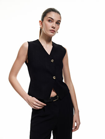 V Yaka Düğmeli Kolsuz Triko Yelek