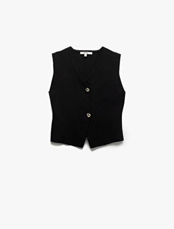 V Yaka Düğmeli Kolsuz Triko Yelek