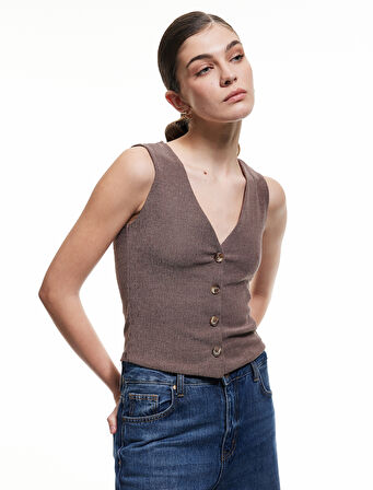Slim Fit Kolsuz Düğmeli V Yaka Yelek