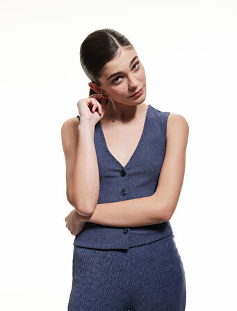 Slim Fit Kolsuz Düğmeli V Yaka Yelek