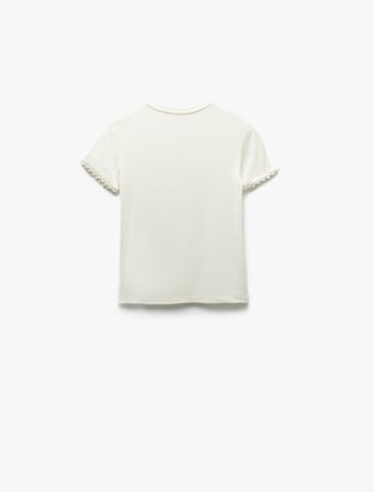 Boncuk Detaylı Slim Fit Kısa Kollu Bisiklet Yaka Viskon Tişört