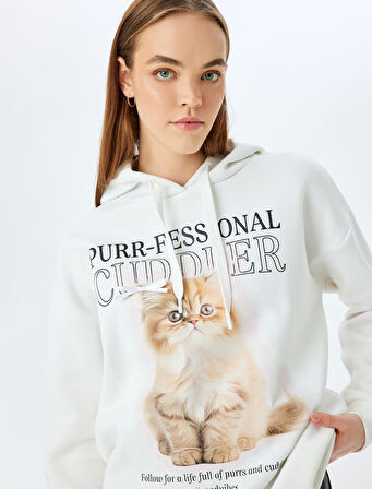 Şardonlu Kapüşonlu Kedi Baskılı Uzun Kollu Rahat Kalıp Sweatshirt