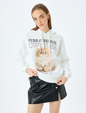 Şardonlu Kapüşonlu Kedi Baskılı Uzun Kollu Rahat Kalıp Sweatshirt