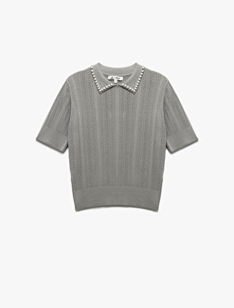 İnci Detaylı Polo Yaka Kısa Kollu Viskon Triko Kazak