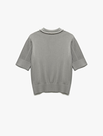 İnci Detaylı Polo Yaka Kısa Kollu Viskon Triko Kazak