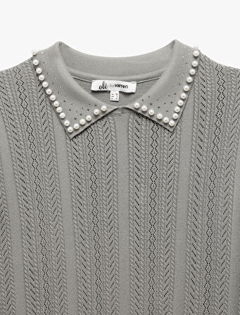 İnci Detaylı Polo Yaka Kısa Kollu Viskon Triko Kazak