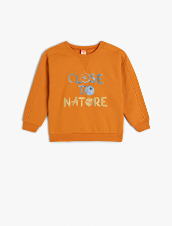 Pamuklu Slogan Baskılı Uzun Kollu Bisiklet Yaka Sweatshirt