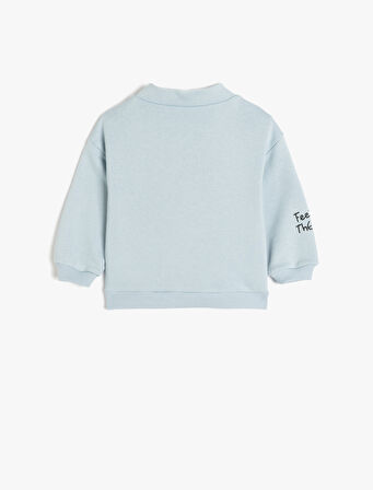 Yarım Fermuarlı Dik Yaka Uzun Kollu Baskılı Pamuklu Sweatshirt