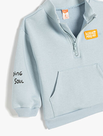 Yarım Fermuarlı Dik Yaka Uzun Kollu Baskılı Pamuklu Sweatshirt