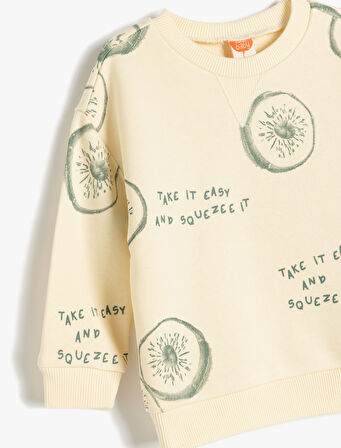 Uzun Kollu Bisiklet Yaka Baskı Detaylı Pamuklu Sweatshirt
