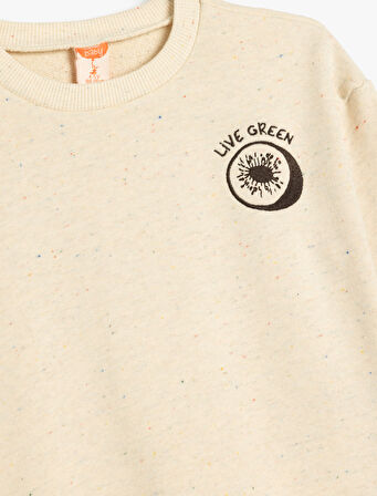 Nakış Detaylı Uzun Kollu Bisiklet Yaka Pamuklu Sweatshirt