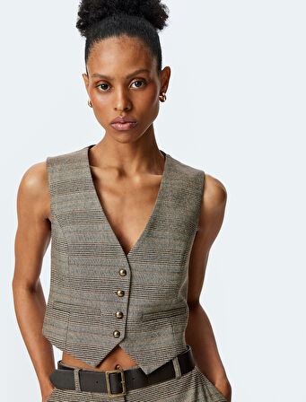 Düğmeli V Yaka Ekose Yelek