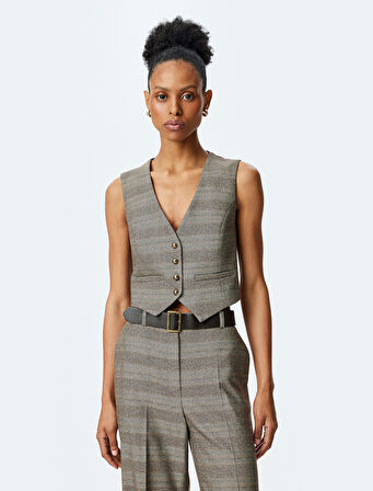 Düğmeli V Yaka Ekose Yelek