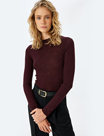 Hafif Dik Yaka Uzun Kollu Yün Karışımlı Basic Triko Kazak