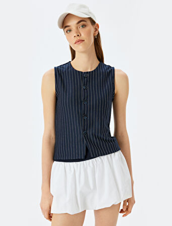 Çizgili Düğme Detaylı Bisiklet Yaka Kolsuz Yelek