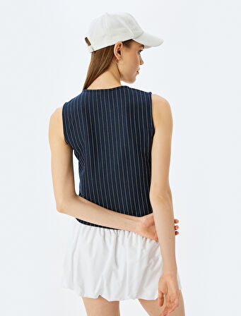 Çizgili Düğme Detaylı Bisiklet Yaka Kolsuz Yelek