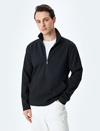 Kanguru Cepli Uzun Kollu Basic Yarım Fermuarlı Sweatshirt