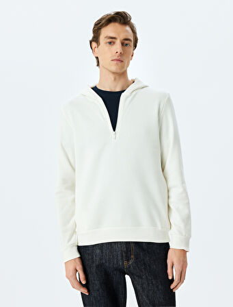 Kapşonlu Pamuk Karışımlı Yarım Fermuarlı Sweatshirt
