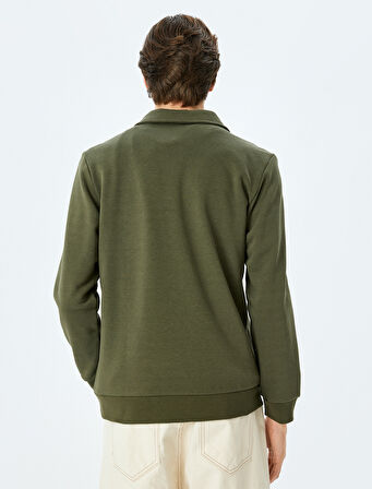 Uzun Kollu Cep Detaylı Basic Şardonlu Yarım Fermuarlı Polo Yaka Sweatshirt