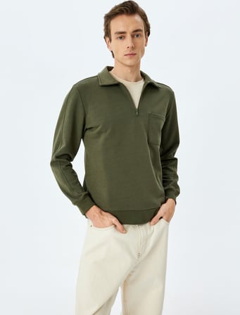 Uzun Kollu Cep Detaylı Basic Şardonlu Yarım Fermuarlı Polo Yaka Sweatshirt