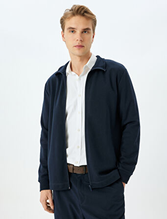 Regular Fit Pamuk Karışımlı Uzun Kollu Basic Fermuarlı Sweatshirt