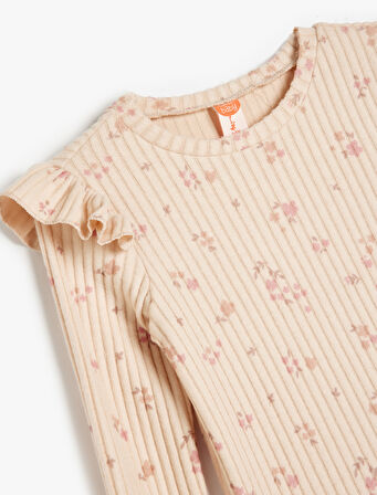 Fırfırlı Çiçek Desenli Uzun Kollu Bisiklet Yaka Tişört