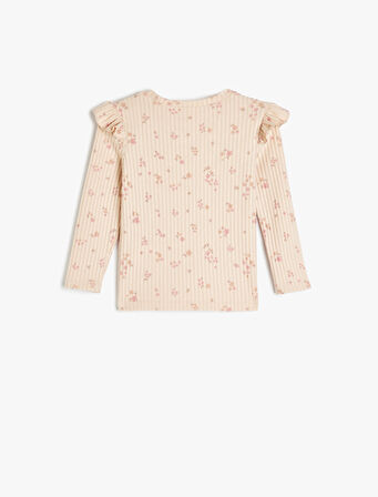 Fırfırlı Çiçek Desenli Uzun Kollu Bisiklet Yaka Tişört