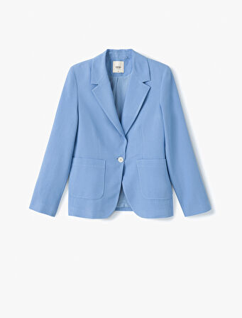 Viskon Keten Karışımlı Düğmeli Uzun Kollu Cepli Kruvaze Blazer Ceket